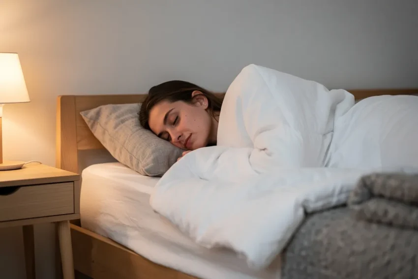 Kvinna sover lugnt i dämpad belysning