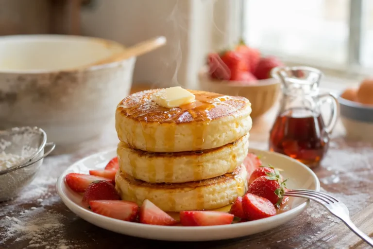 Tre höga fluffiga japanska pannkakor på tallrik med smör och sirap
