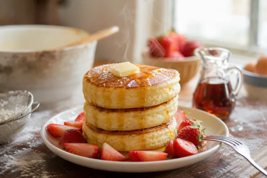 Tre höga fluffiga japanska pannkakor på tallrik med smör och sirap