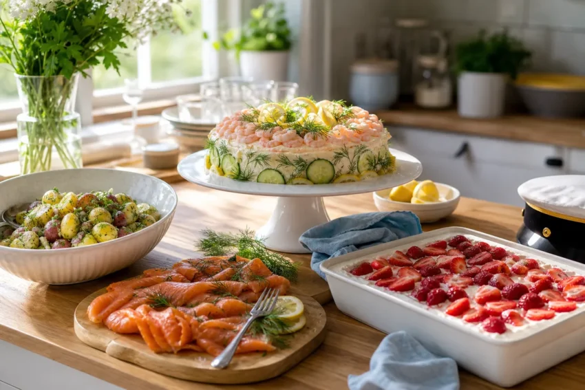 Elegant kall buffé med smörgåstårta, lax och jordgubbstårta uppdukat på köksbänk