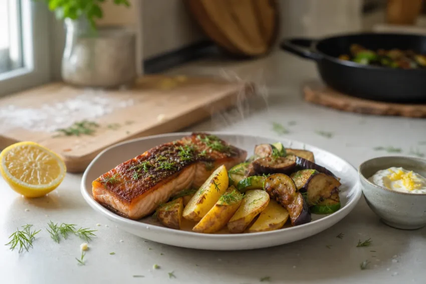 Stekt lax med gyllenbrun yta på tallrik med kokt potatis och frästa grönsaker