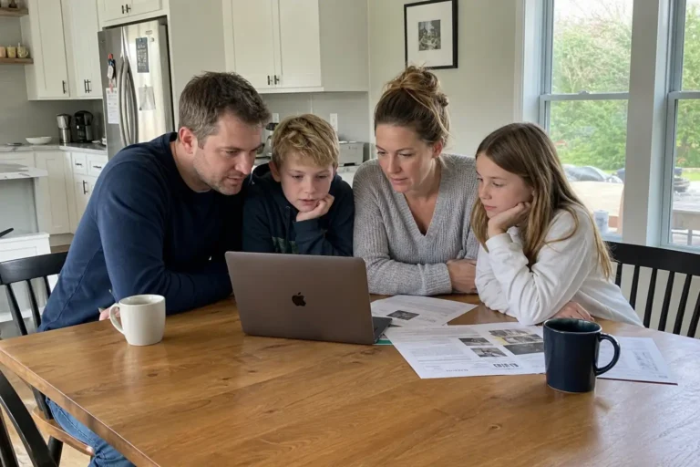 Familj som sitter tillsammans vid köksbordet och planerar semester med familjen framför en öppen laptop.