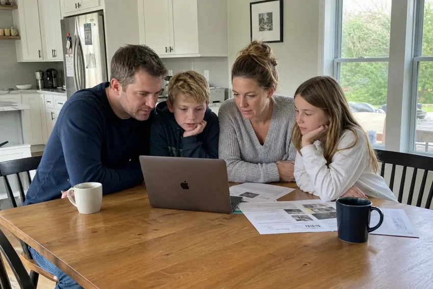 Familj som sitter tillsammans vid köksbordet och planerar semester med familjen framför en öppen laptop.